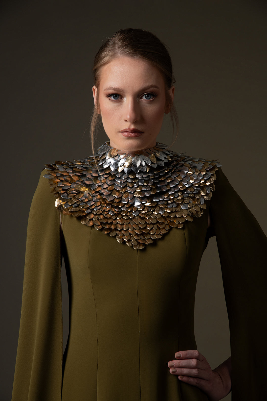 Crepe Dress with 3D Leaf and Cape