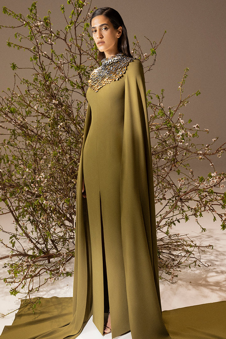 Crepe Long Dress with 3D Leaf and Cape