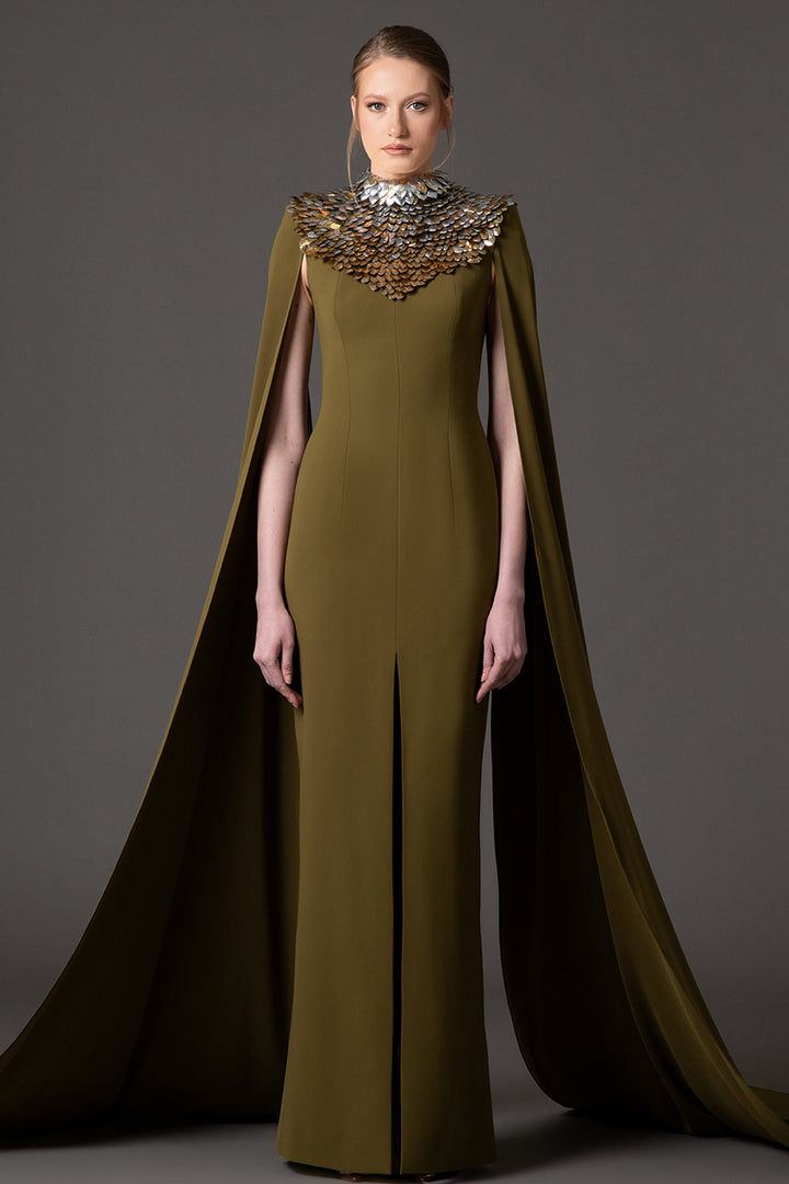 Crepe Long Dress with 3D Leaf and Cape