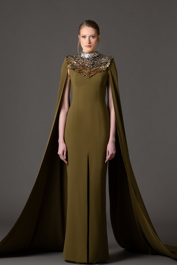 Crepe Dress with 3D Leaf and Cape