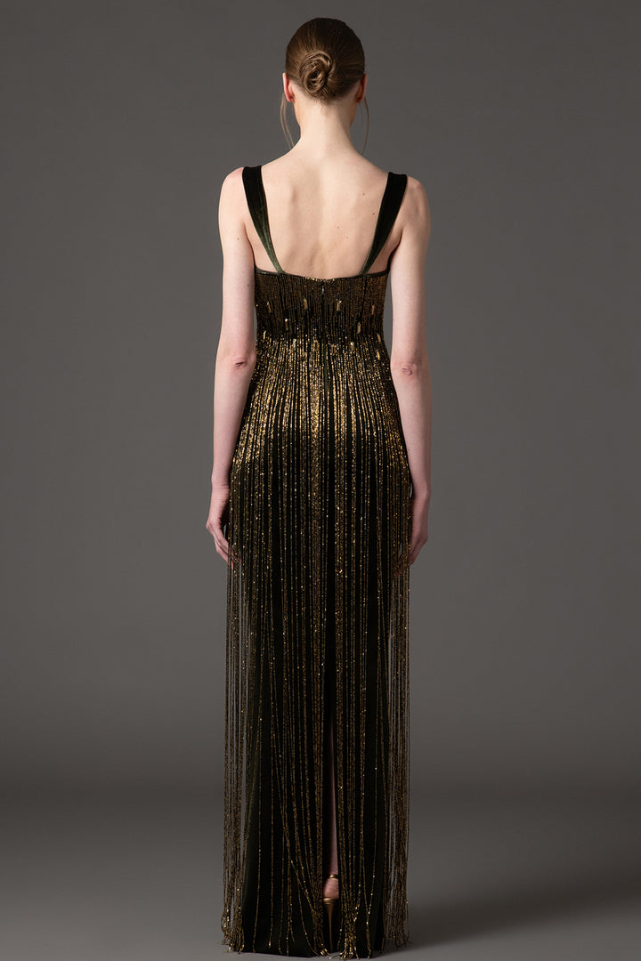 Sleeveless Neckline with Velvet Beaded Embroidered Fringe Dress
