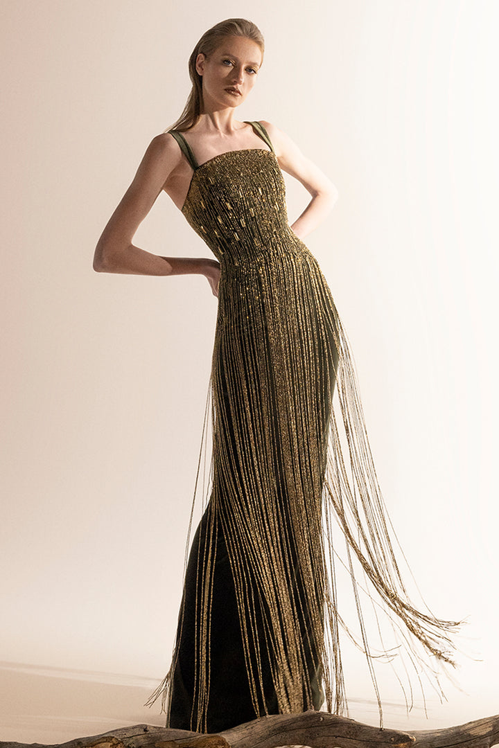 Sleeveless Neckline with Velvet Beaded Embroidered Fringe Dress