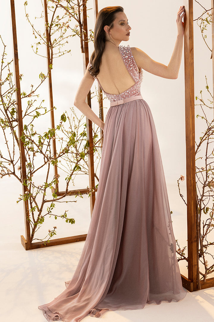 Velvet Long A-Line Dress with Embroidery and Slit