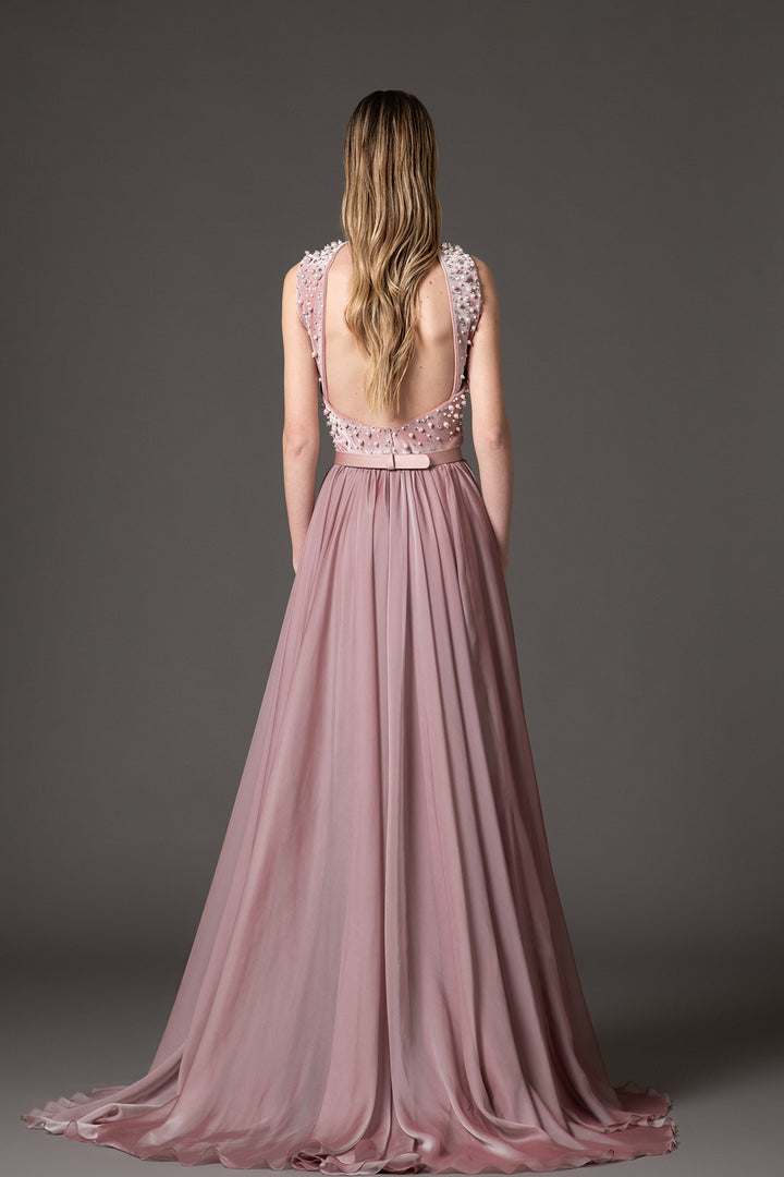 Velvet-Chiffon Dress with Embroidery
