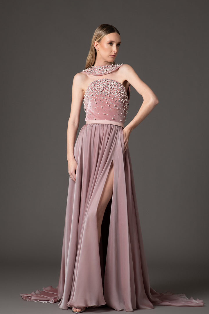 Velvet-Chiffon Dress with Embroidery