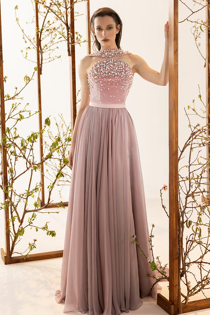Velvet Long A-Line Dress with Embroidery and Slit