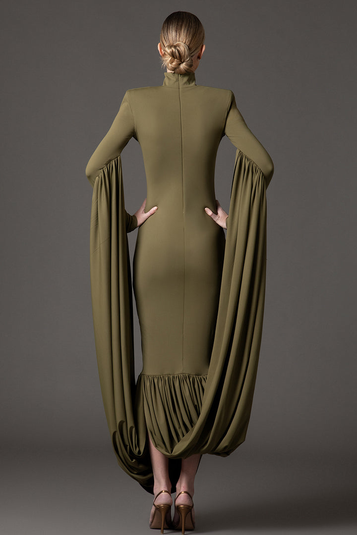 Jersey Midi Dress with Draped Neckline