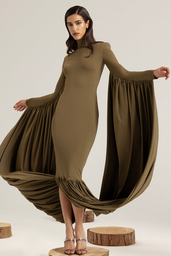 Jersey Midi Dress with Draped Neckline