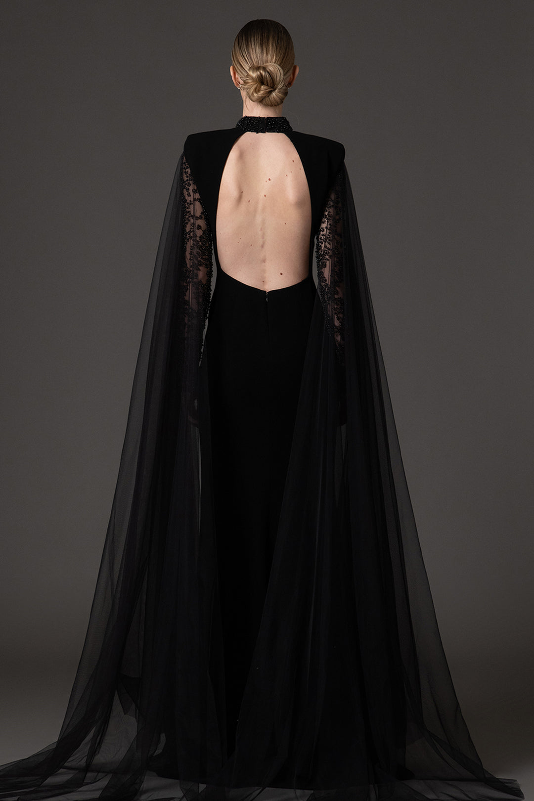 Crepe-Tulle Dress with Cape Sleeves