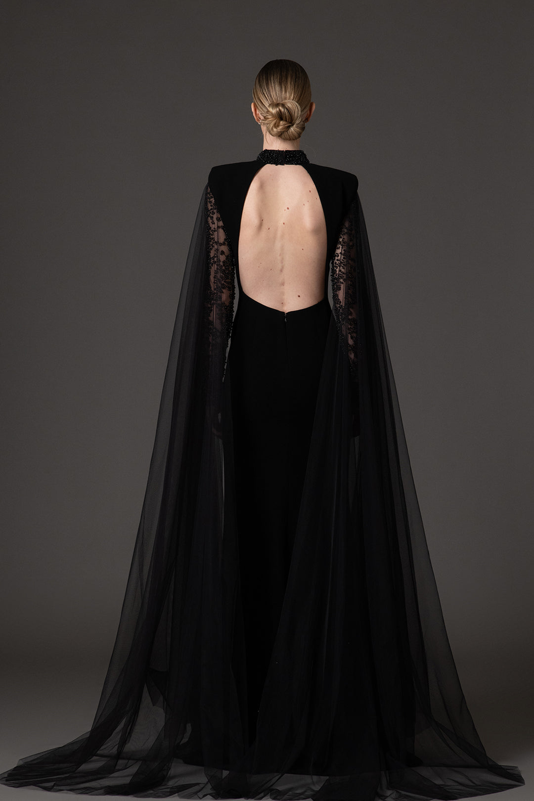 Crepe-Tulle Dress with Cape Sleeves