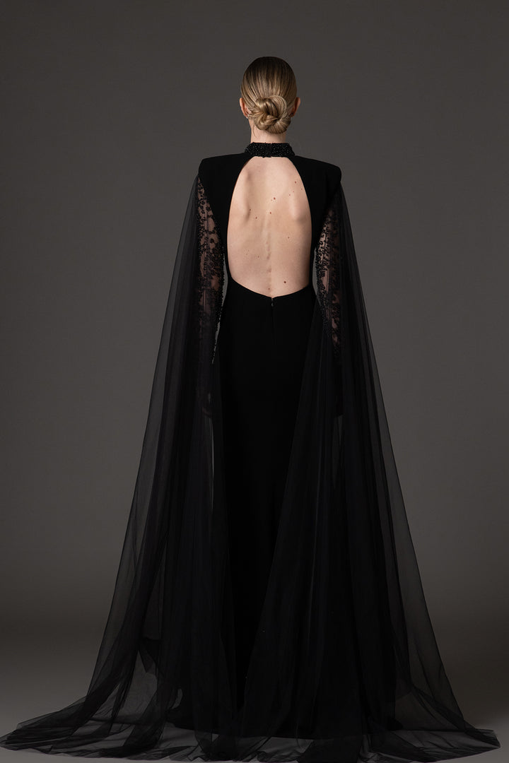 Crepe-Tulle Dress with Cape Sleeves