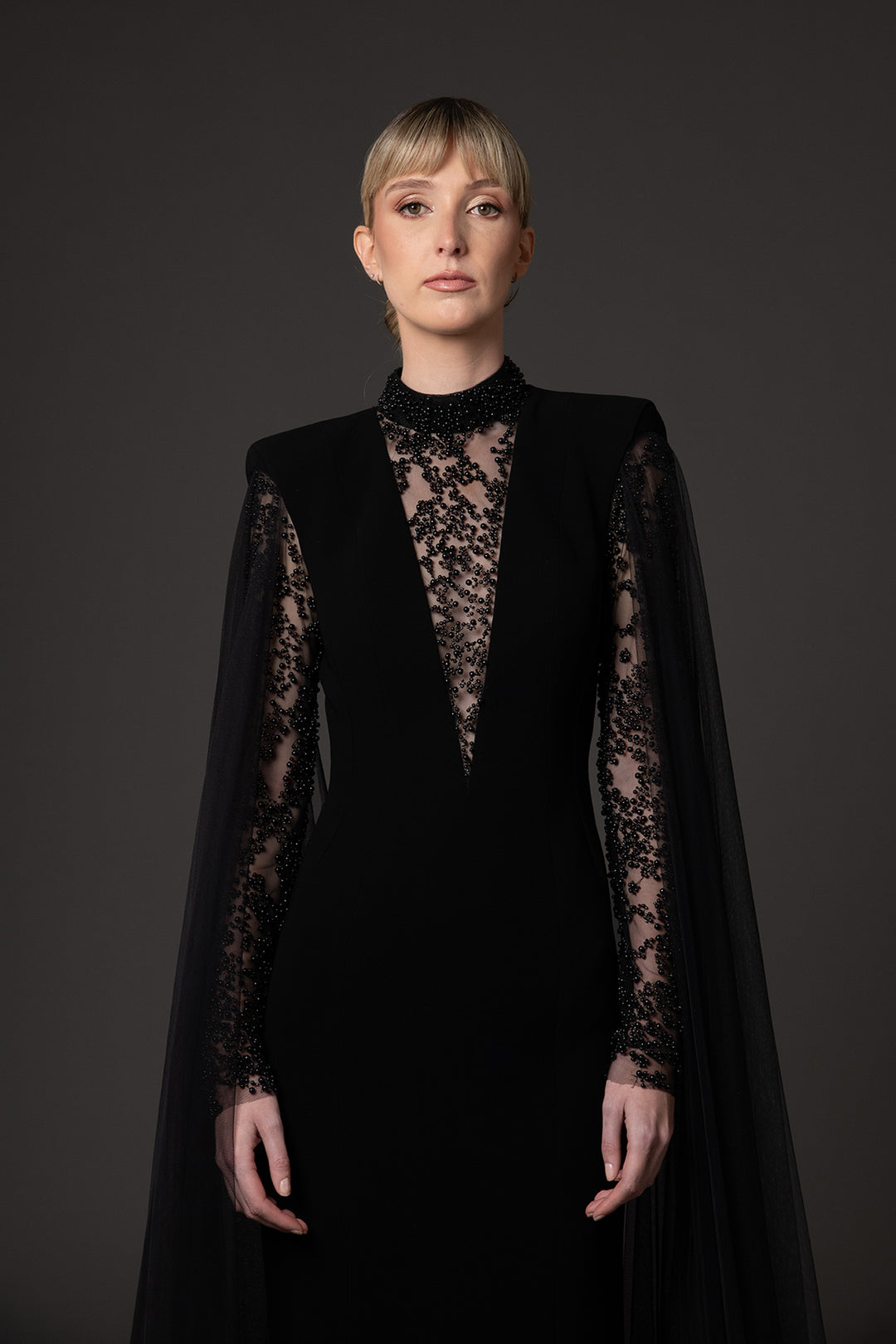 Crepe-Tulle Dress with Cape Sleeves