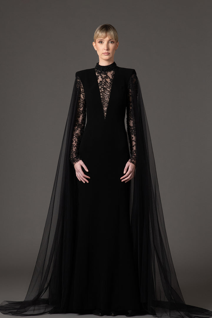 Crepe-Tulle Dress with Cape Sleeves