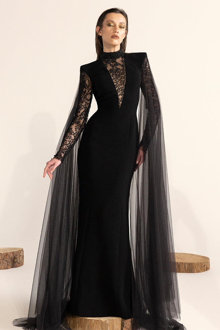 Crepe-Tulle Dress with Cape Sleeves