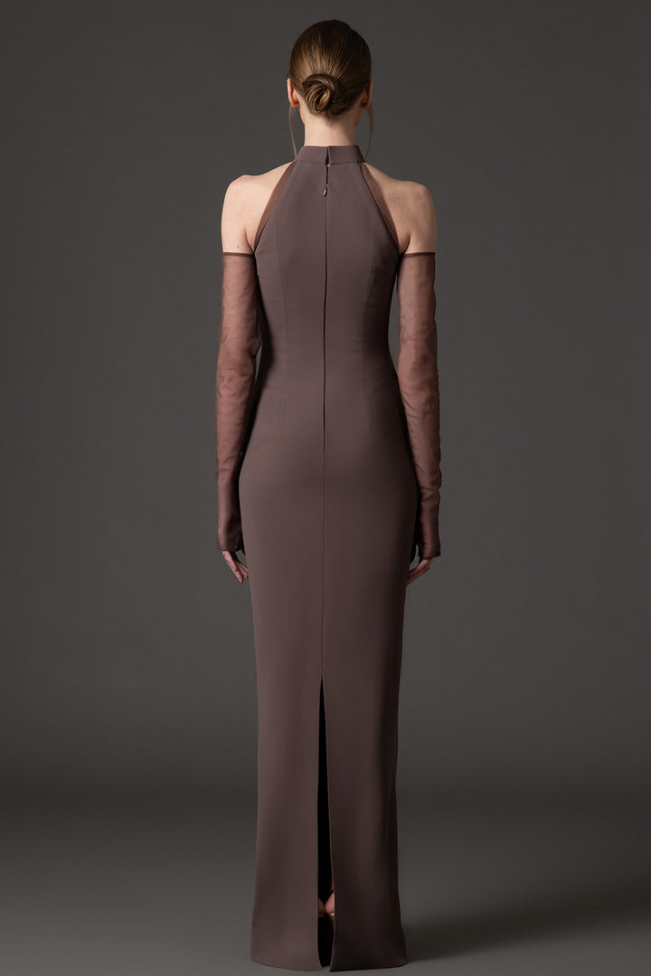 Crepe Dress with Embroidered Tulle Cutouts