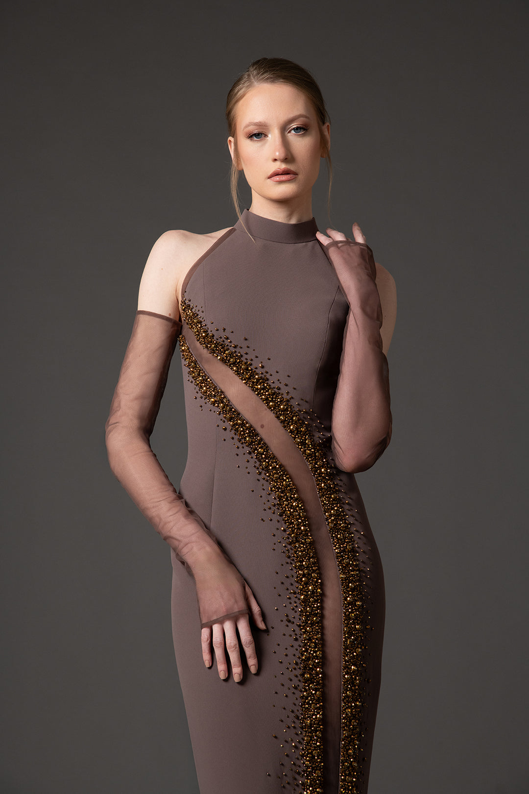 Crepe Dress with Embroidered Tulle Cutouts