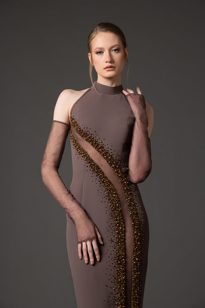 Crepe Dress with Embroidered Tulle Cutouts