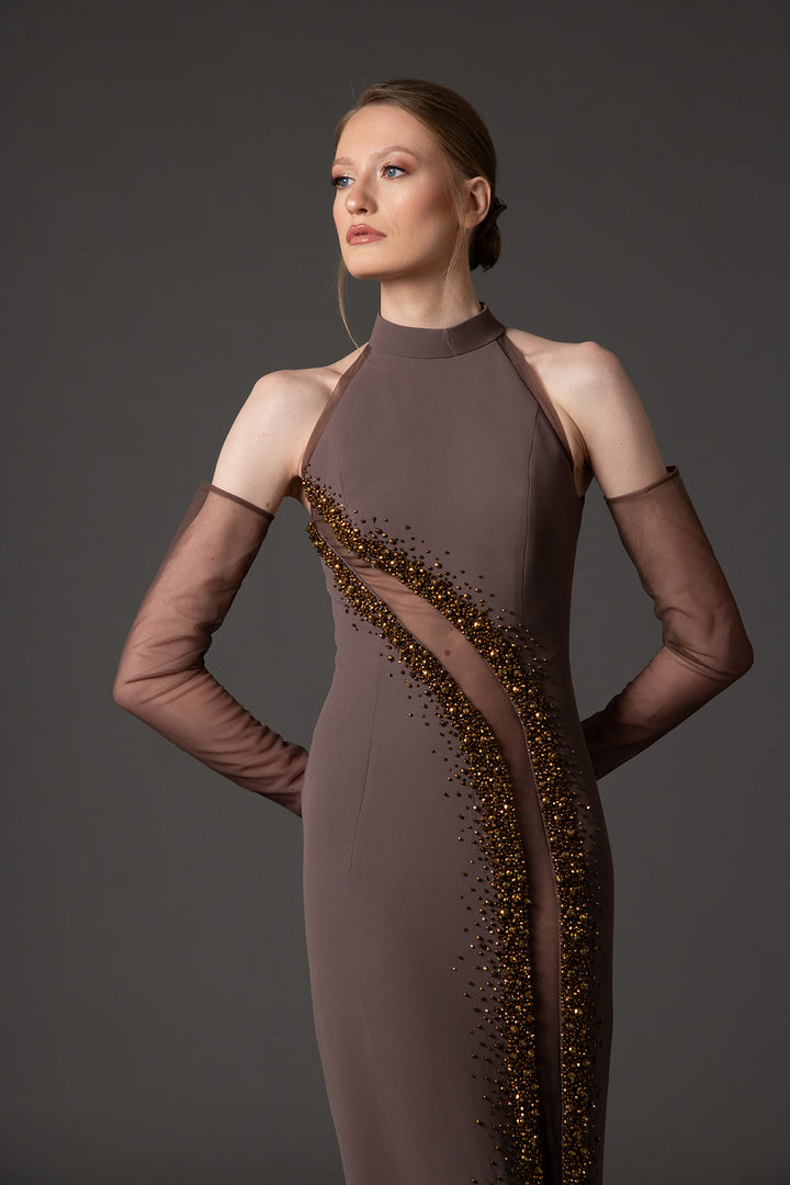 Crepe Dress with Embroidered Tulle Cutouts