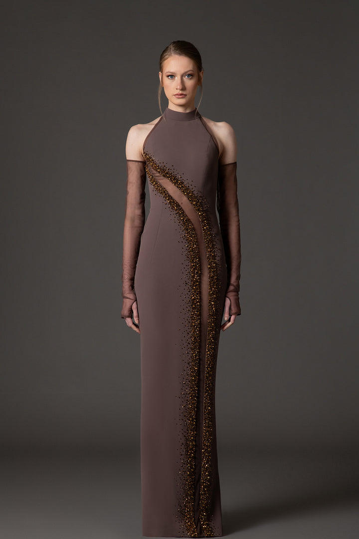 Crepe Dress with Embroidered Tulle Cutouts