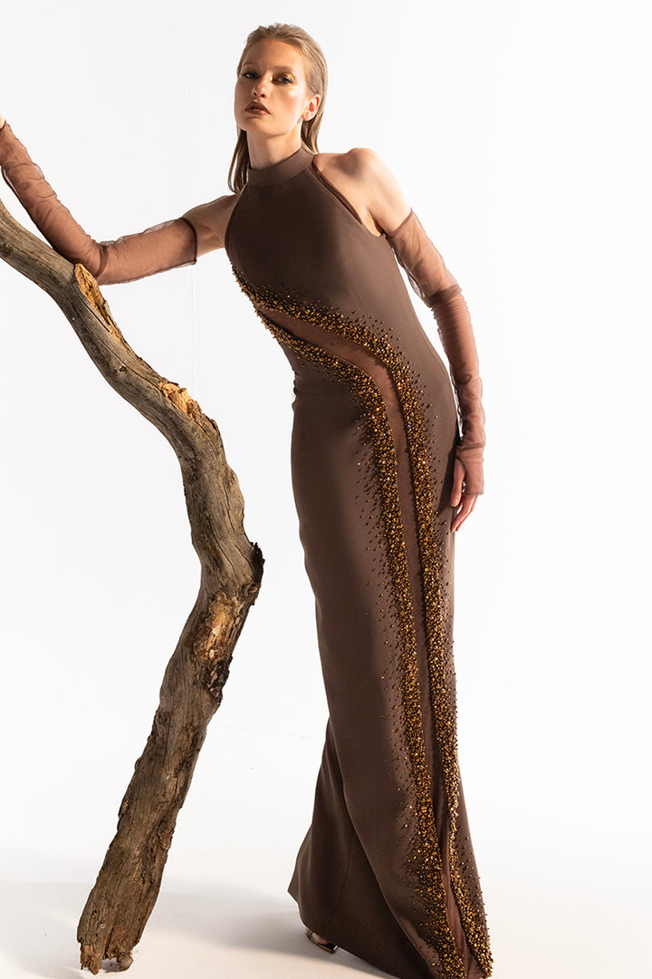 Crepe Dress with Embroidered Tulle Cutouts