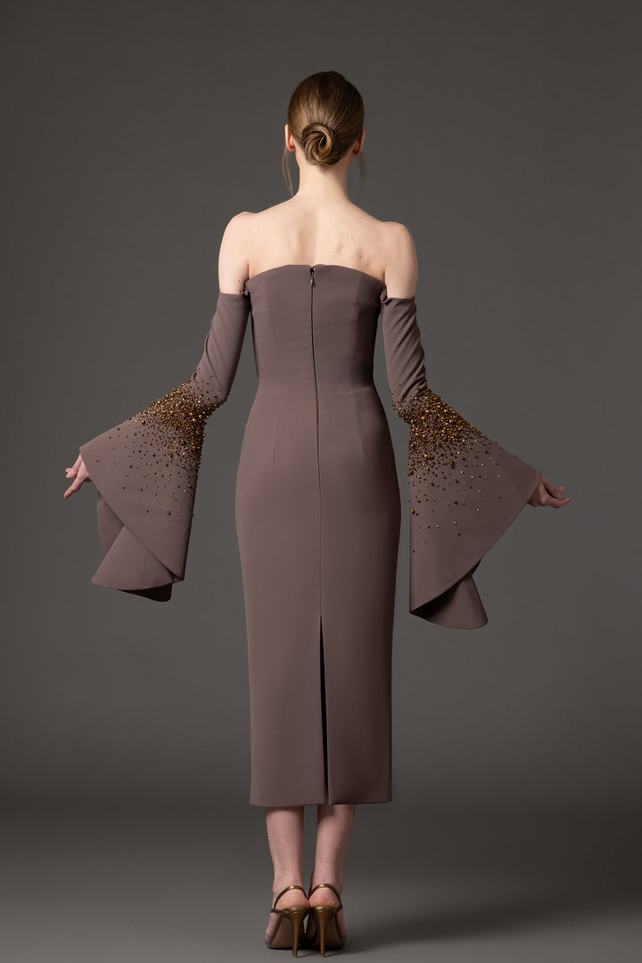 Crepe Midi Dress with Bell Sleeves