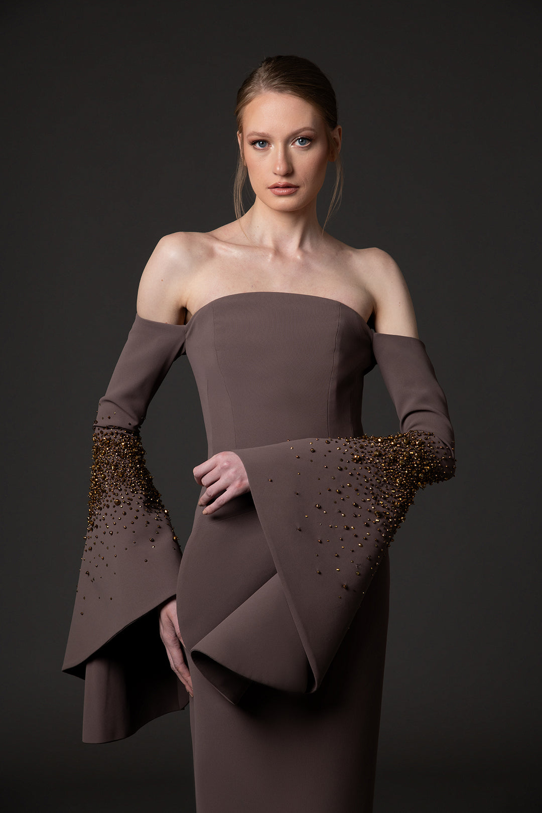 Crepe Midi Dress with Bell Sleeves