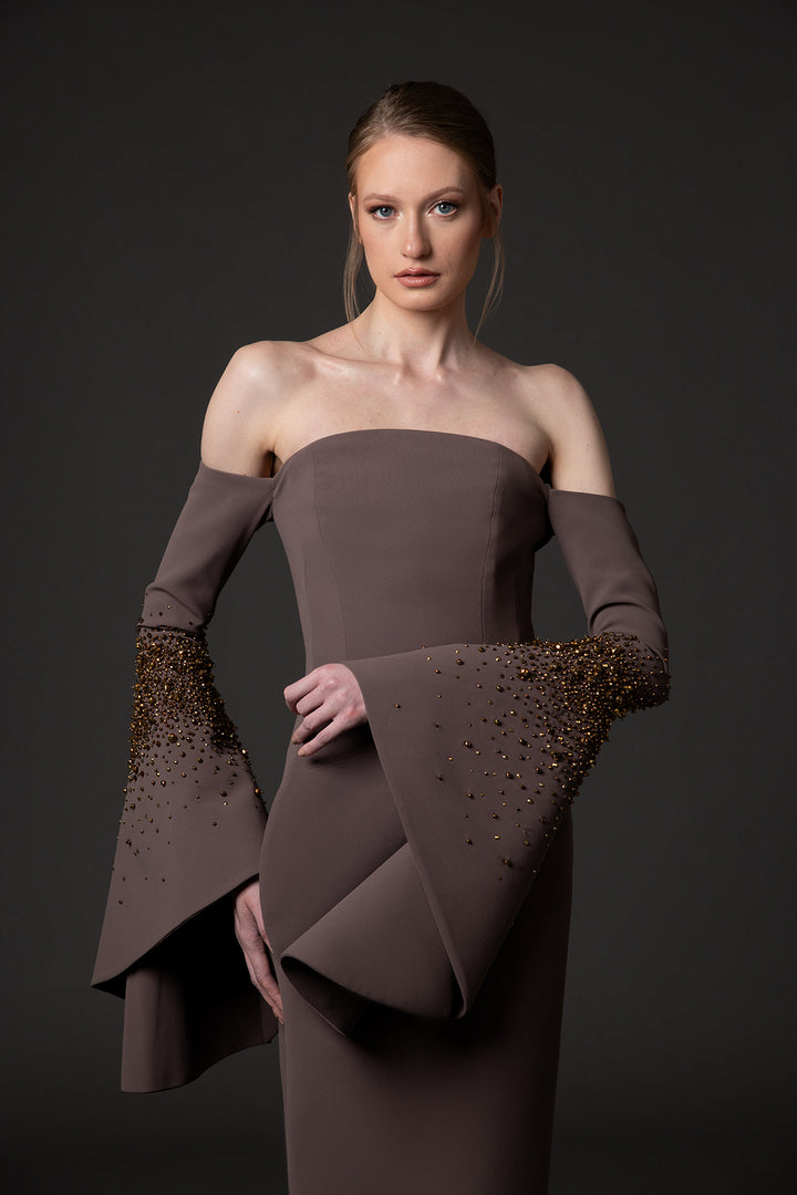 Crepe Midi Dress with Bell Sleeves