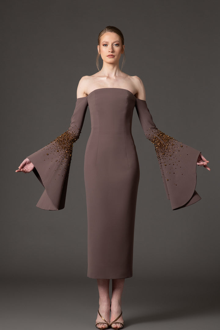 Crepe Midi Dress with Bell Sleeves