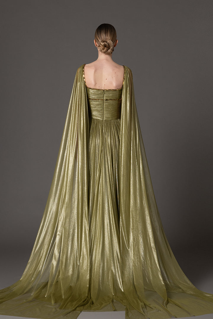 Silk Tulle Dress with Cape Embroidery