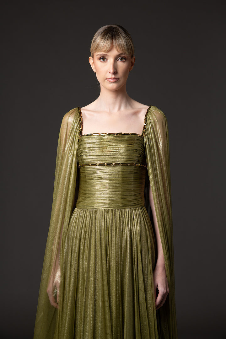 Silk Tulle Dress with Cape Embroidery