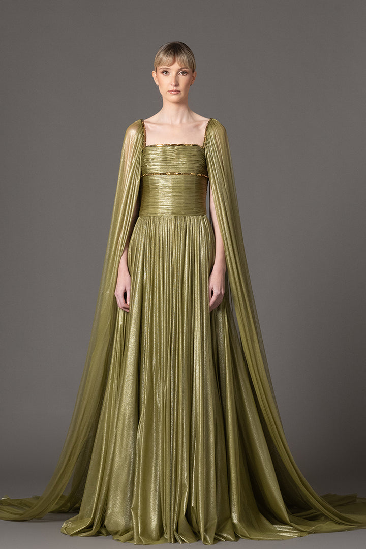 Silk Tulle Dress with Cape Embroidery