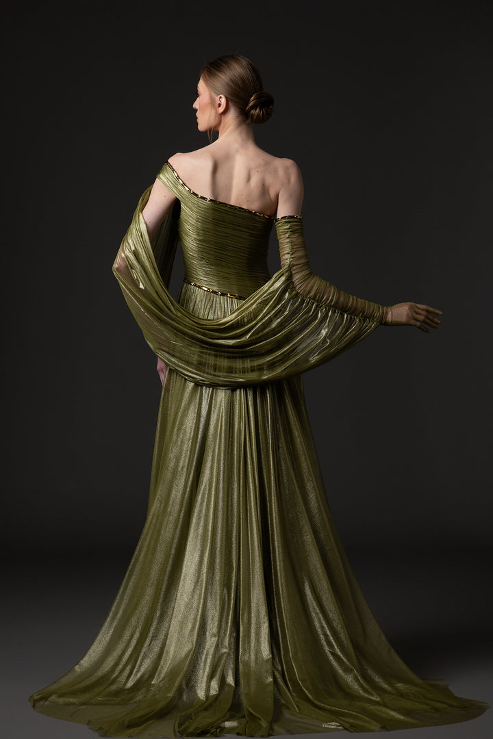 Silk Foiled Tulle Dress with Embroidery