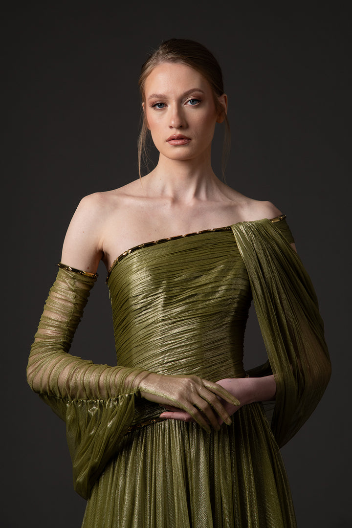 Silk Foiled Tulle Dress with Embroidery