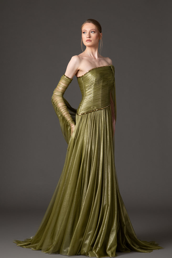 Silk Foiled Tulle Dress with Embroidery