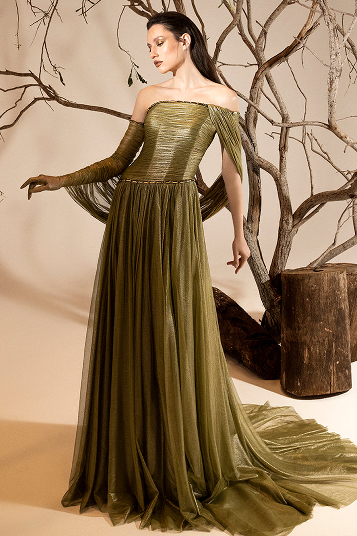 Silk Foiled Tulle Dress with Embroidery