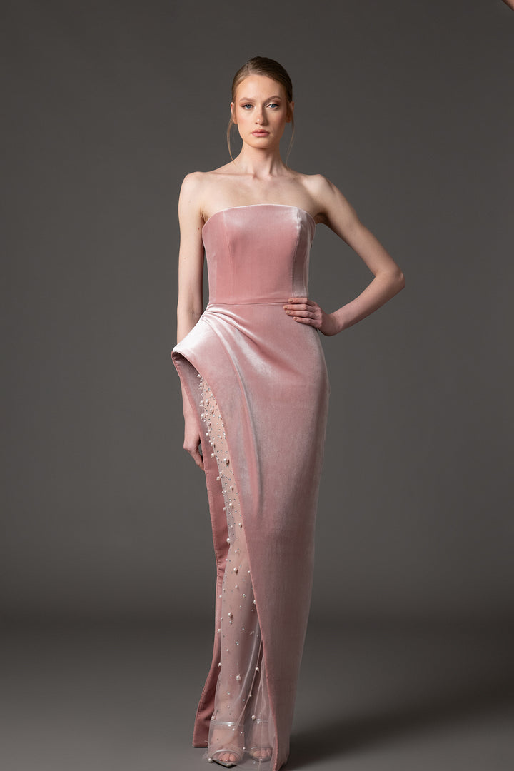 Velvet Dress with Crystal Pearl Embroidery