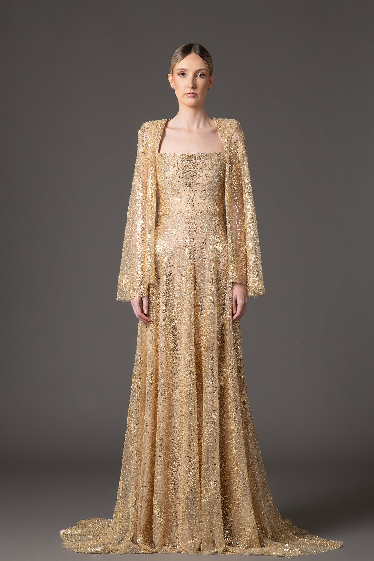 Embroidered Gold cape sleeves dress Gold / US 12 Embroidered Gold cape sleeves dress Gold / US 12
