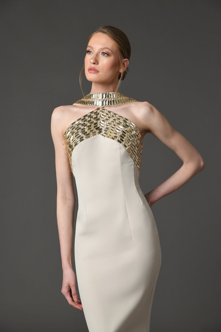 Crepe Column with Embroidery Dress