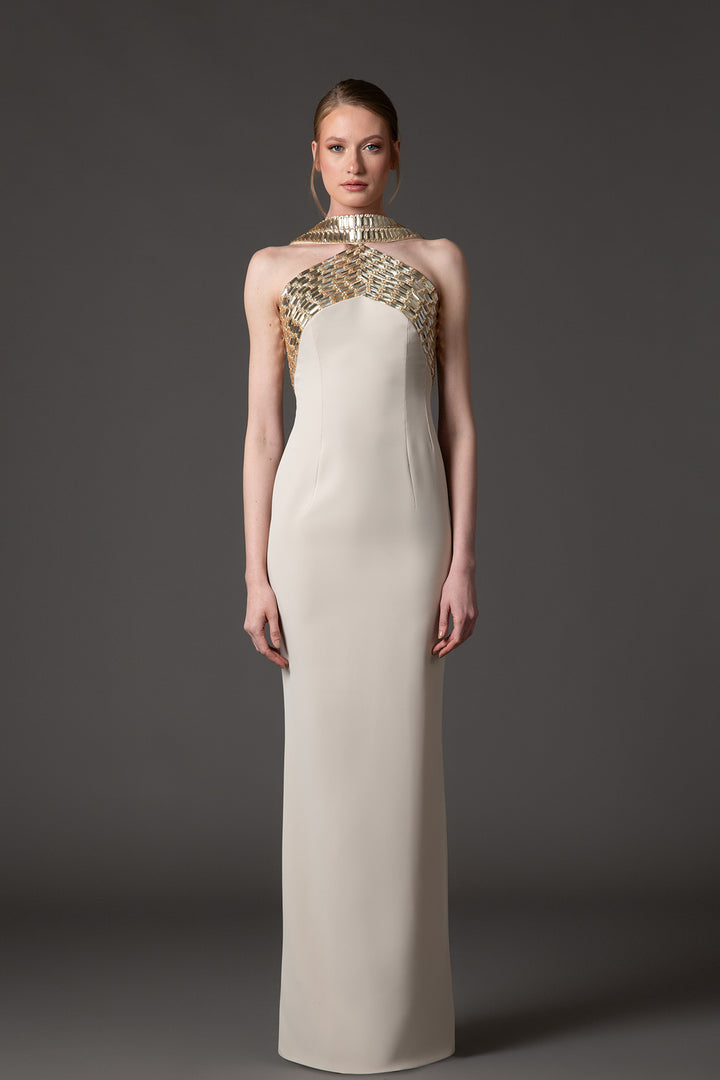 Crepe Column with Embroidery Dress