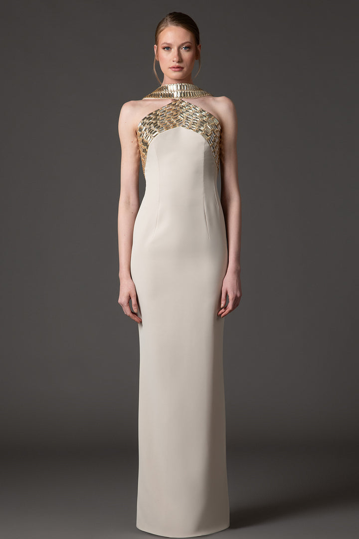 Crepe Column with Embroidery Long Dress