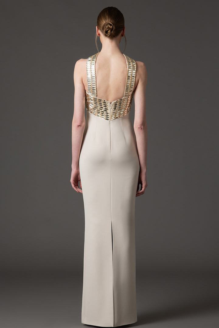 Crepe Column with Embroidery Long Dress