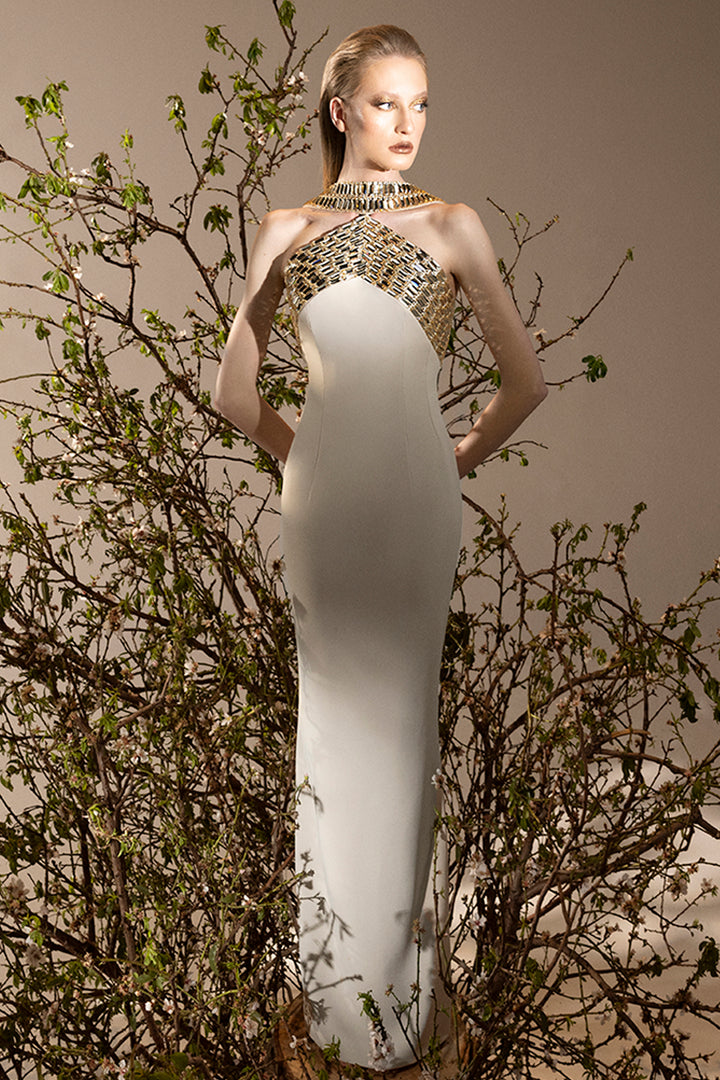 Crepe Column with Embroidery Long Dress