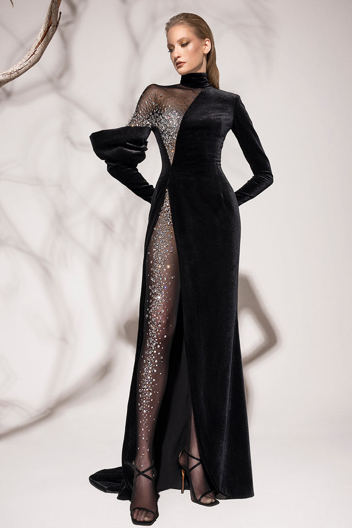 Velvet Long Dress with Embroidery