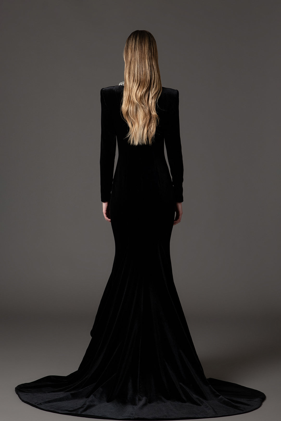 Embroidered-Neckline Velvet Dress