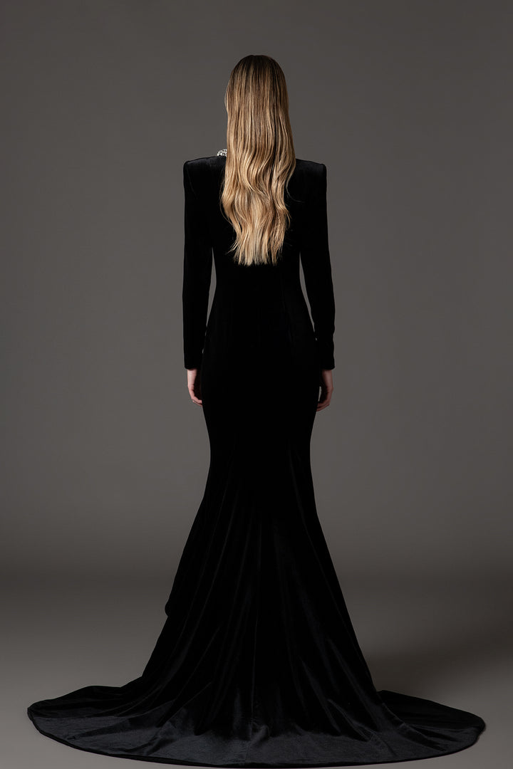 Embroidered-Neckline Velvet Dress