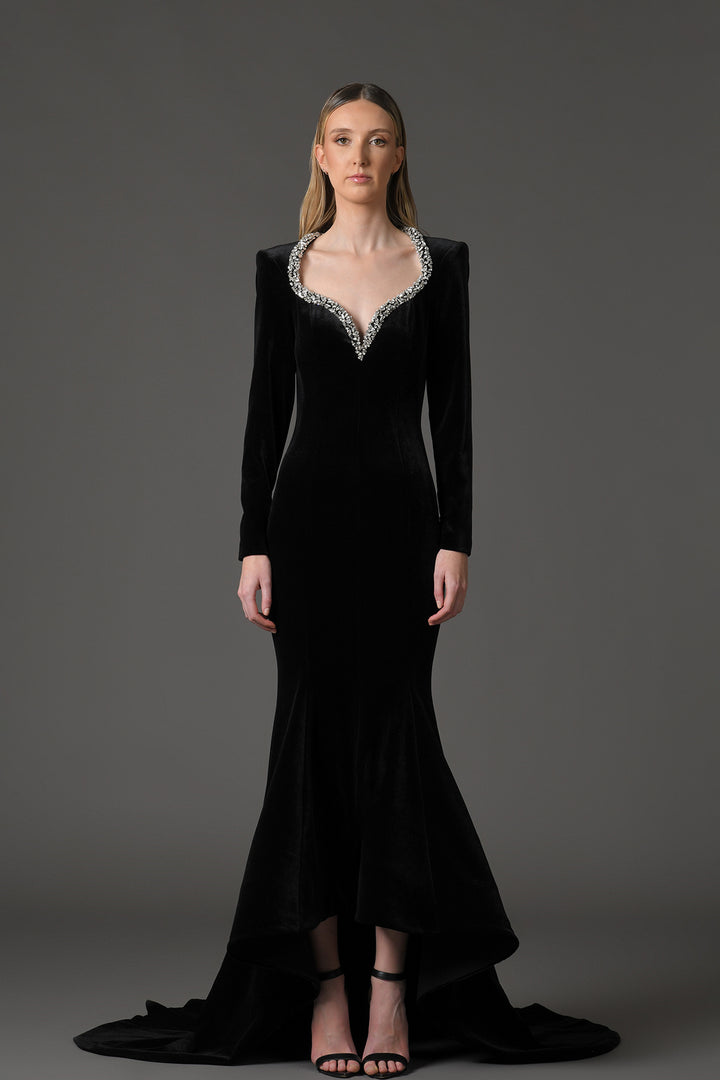 Embroidered-Neckline Velvet Dress
