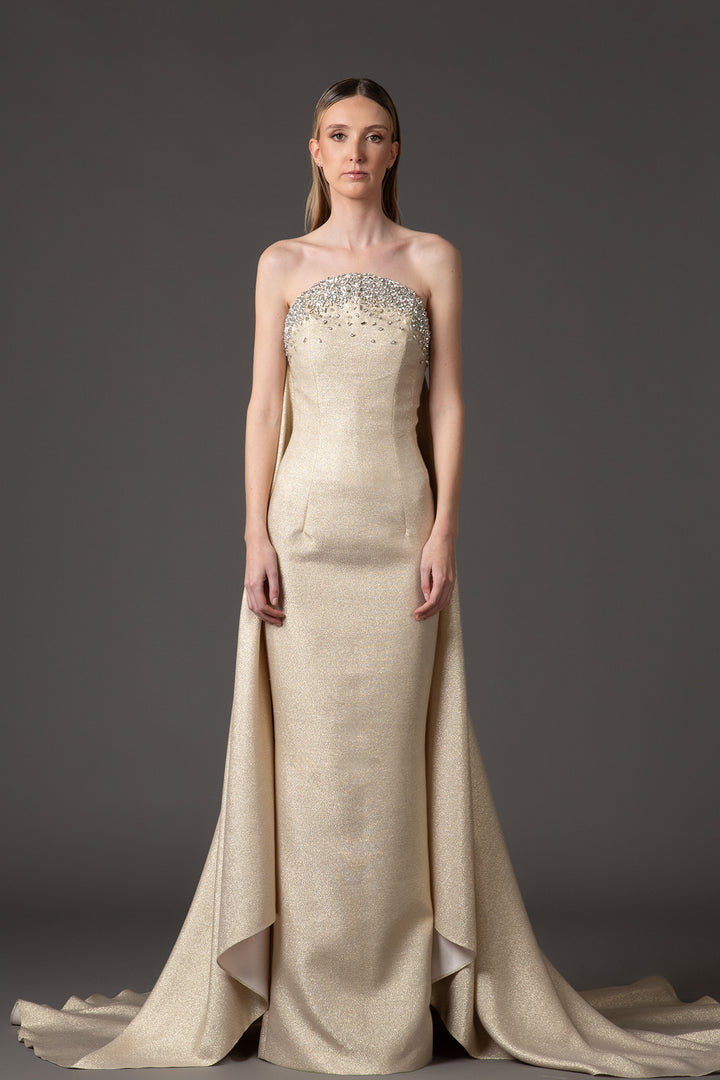 Lamé Train Dress with Crystal Embroidery