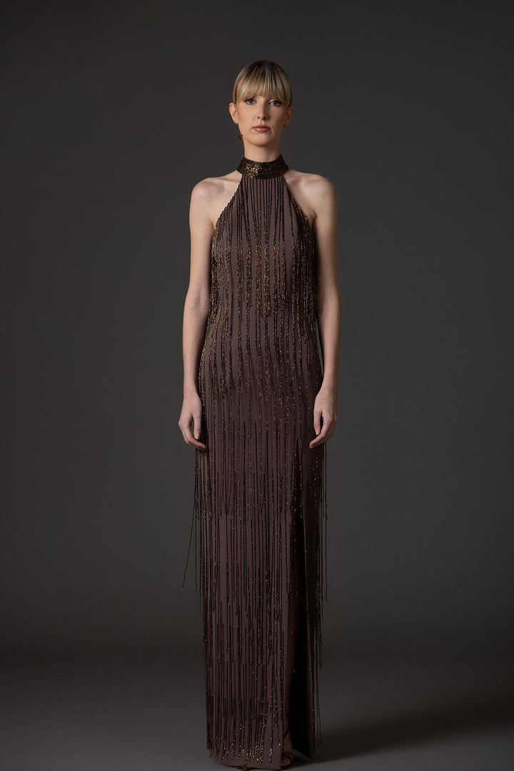 Crepe Dress with Beaded Fringes