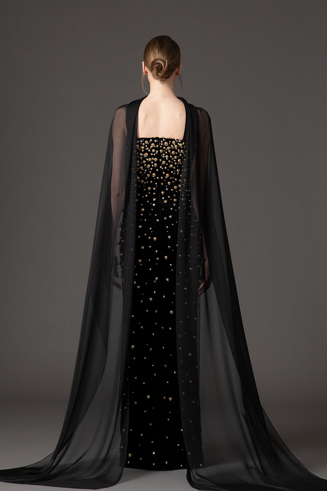 Velvet-Chiffon Dress with Crystal Embroidery