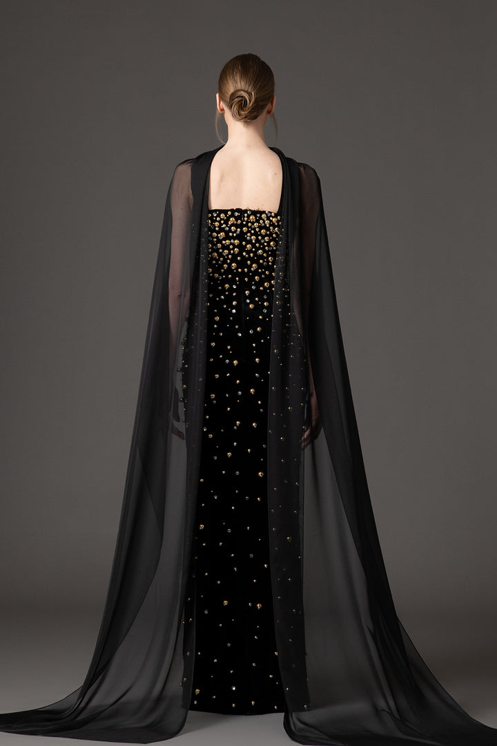 Velvet-Chiffon Dress with Crystal Embroidery